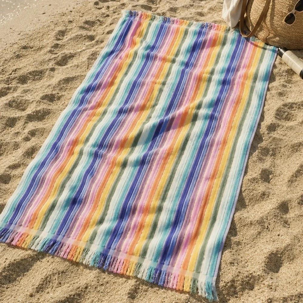 Rachel Zoe Viral Rainbow Stripe Beach Towel w/Fringe 100% COTTON NWT Retro Boho